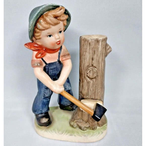 Vintage Porcelain Collectible Made in Japan Figurine Boy With Axe Chopping Tree - Picture 1 of 8